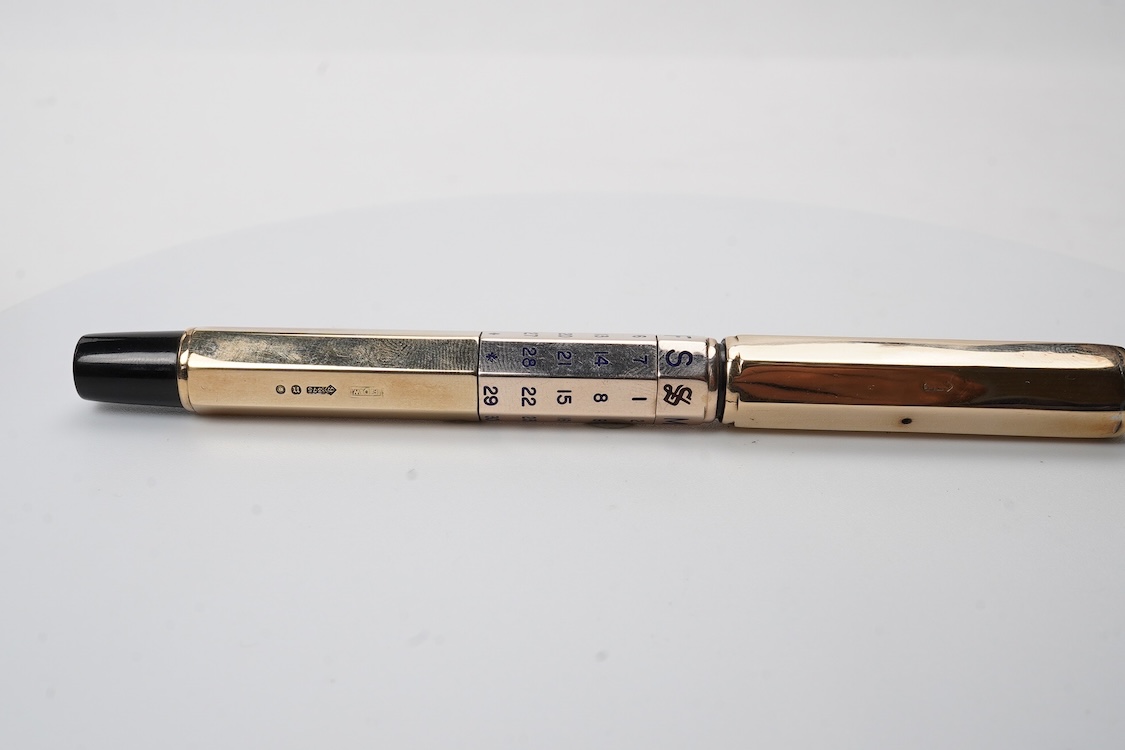 A very rare Waterman FDW 9ct. gold octagonal lever filled pen with perpetual calender fitted with No.2 Waterman nib